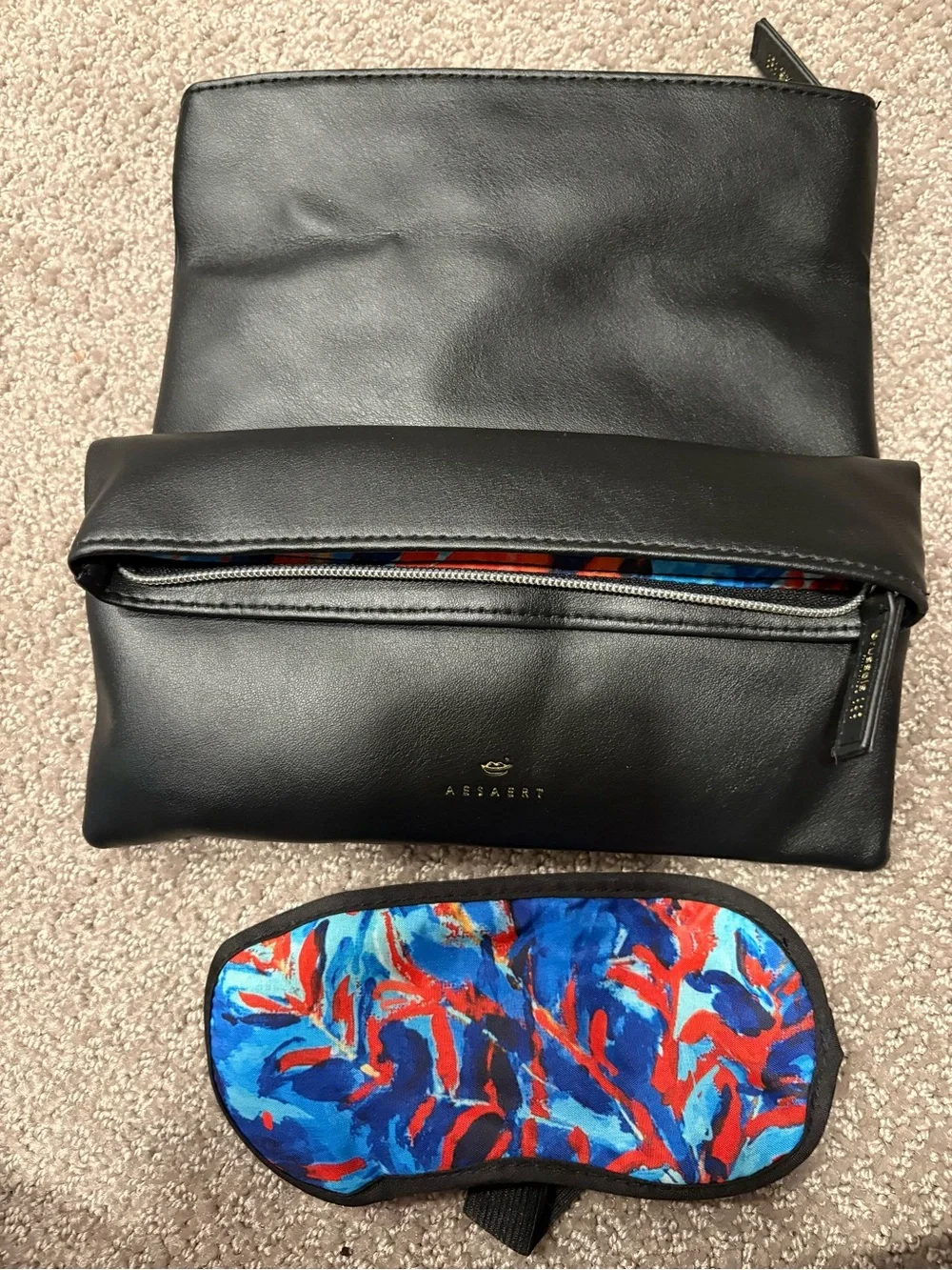 Aerin Black Cosmetic Pouch set of two with one Blue & Red Eye Mask
